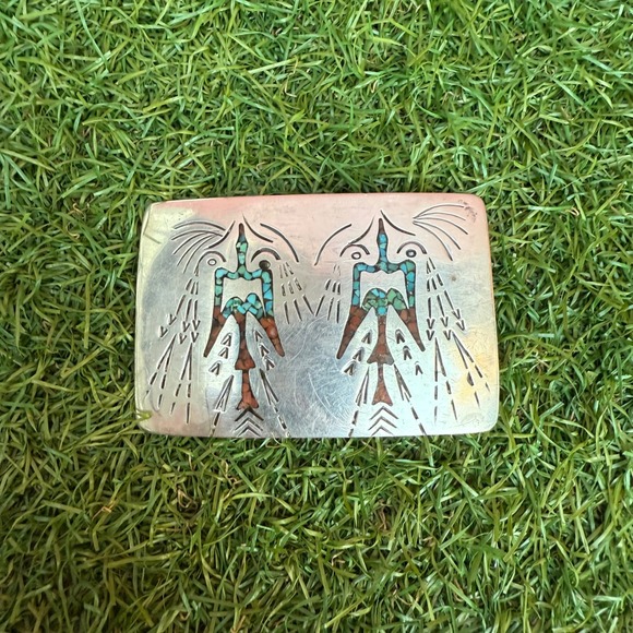 Vtg 70s Navajo Turquoise Coral Inlay Thunderbird‎ Belt Buckle Native American
